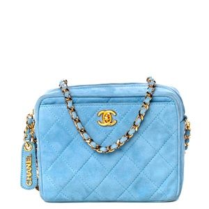 RARE AUTH CHANEL BABY BLUE SUEDE QUILTED CAMERA BAG GOLD CHAIN EUC +CARD & CERT